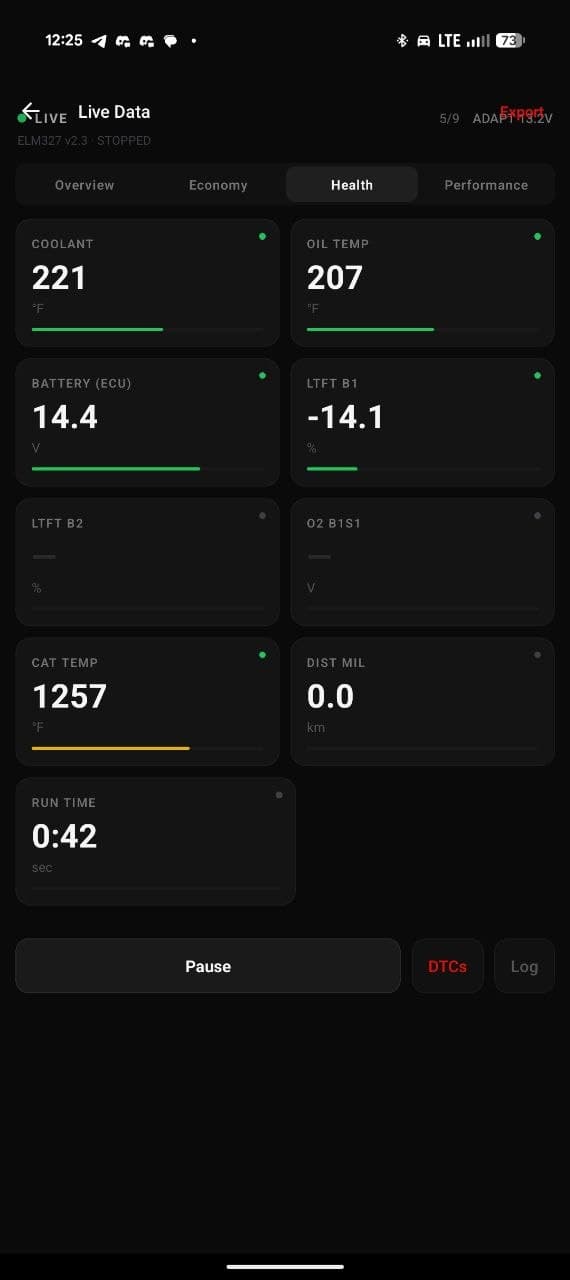 ddpc connect health tab: coolant, oil temp, battery ecu, ltft b1, ltft b2, o2 b1s1, cat temp, distance with mil, run time