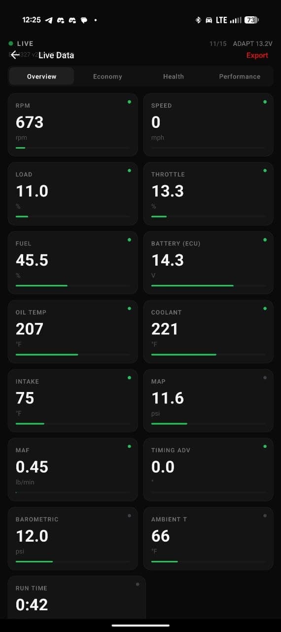 ddpc connect overview tab: rpm, speed, load, throttle, fuel, battery, oil temp, coolant, intake, map, maf, timing advance, barometric, ambient temp, run time